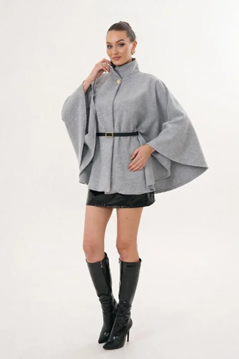 Kadın Gri Gold Düğme ve Altın Kemer Detaylı Kaşe Panço 7