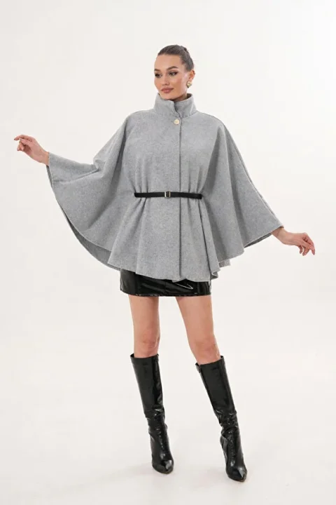 Kadın Gri Gold Düğme ve Altın Kemer Detaylı Kaşe Panço 6