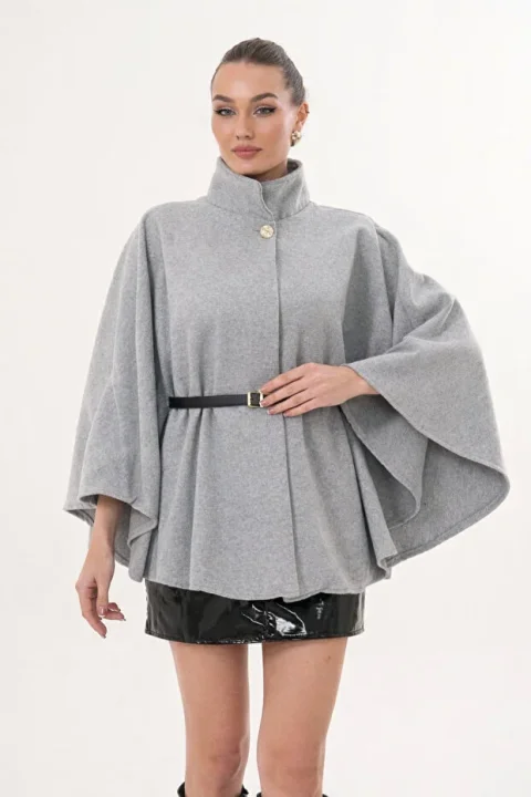 Kadın Gri Gold Düğme ve Altın Kemer Detaylı Kaşe Panço 4