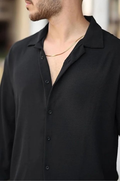 Erkek Siyah Bol Kesim Dokulu Oversize Salaş Ayrobin Gömlek 4