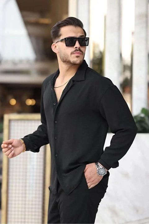 Erkek Siyah Bol Kesim Dokulu Oversize Salaş Ayrobin Gömlek 3