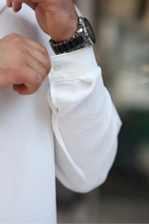 Erkek Beyaz Bol Kesim Dokulu Oversize Salaş Ayrobin Gömlek 5