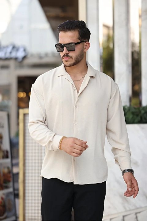 Erkek Bej Bol Kesim Dokulu Oversize Salaş Ayrobin Gömlek