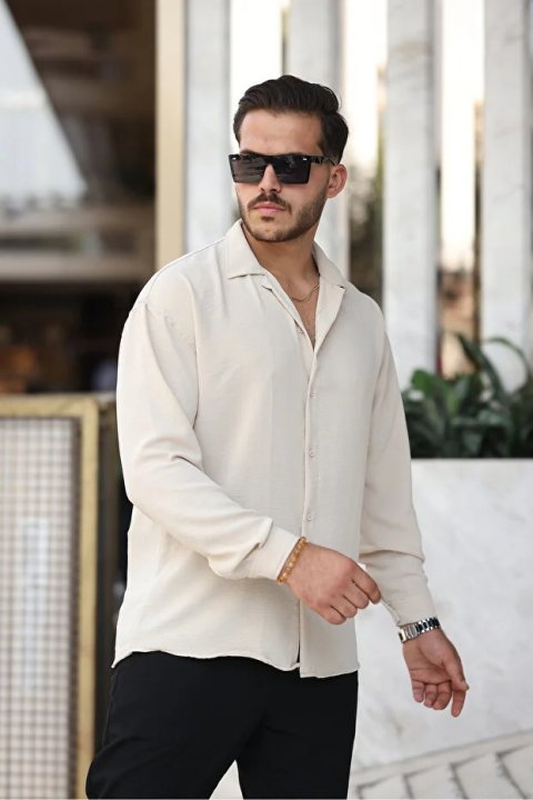 Erkek Bej Bol Kesim Dokulu Oversize Salaş Ayrobin Gömlek 3