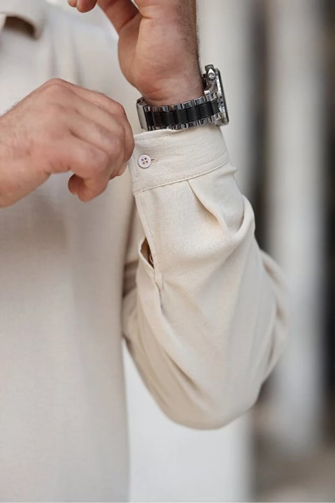 Erkek Bej Bol Kesim Dokulu Oversize Salaş Ayrobin Gömlek 5