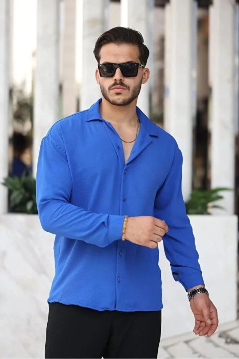 Erkek Saks Bol Kesim Dokulu Oversize Salaş Ayrobin Gömlek