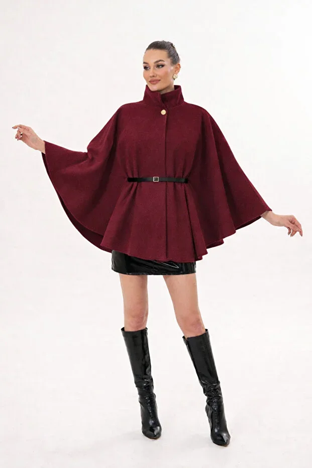 Bordo Kemer Detaylı Kadın Kaşe Kışlık Panço Modeli