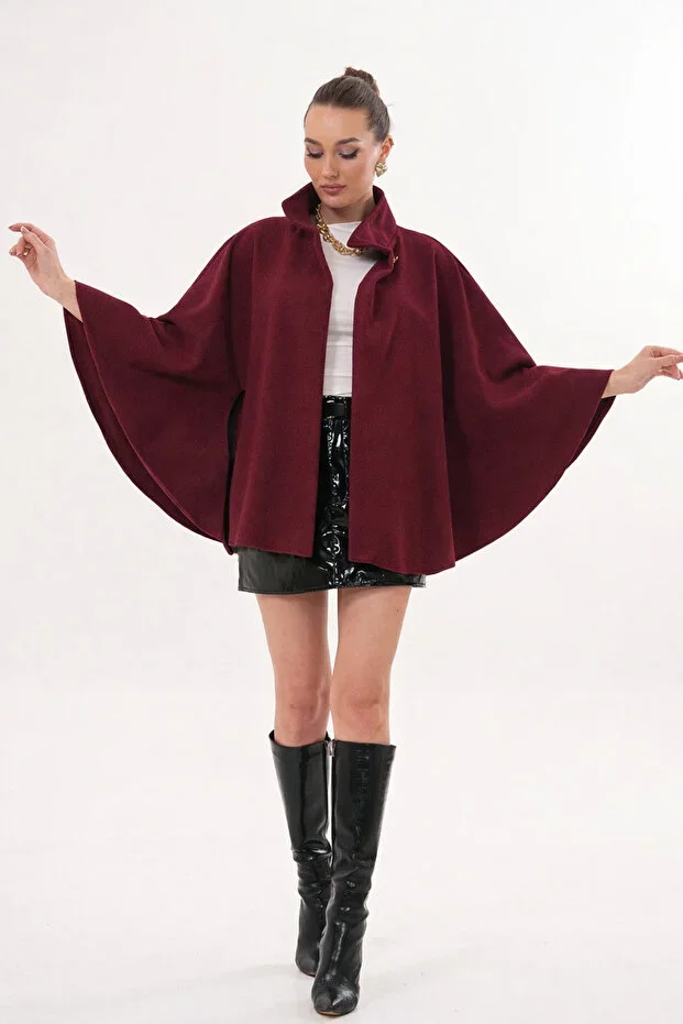 Bordo Kemer Detaylı Kadın Kaşe Kışlık Panço Modeli