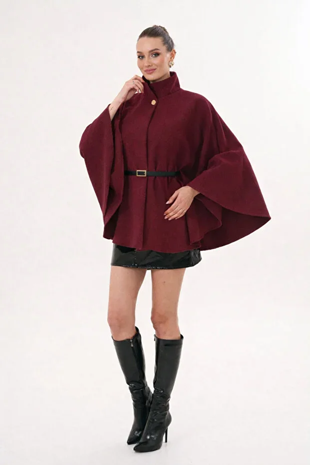 Kemer Detaylı Kadın Bordo Kaşe Panço