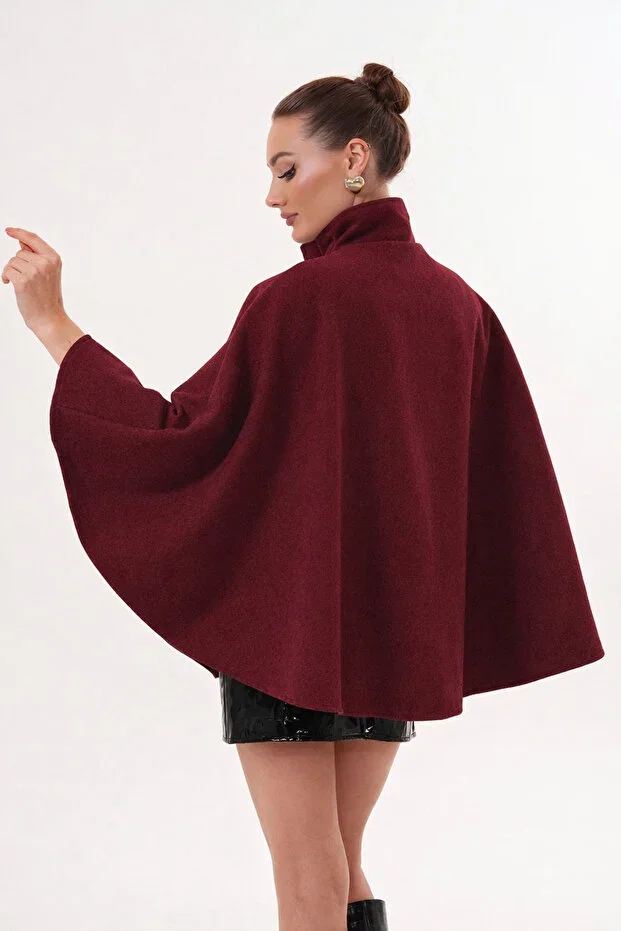 Kemer Detaylı Kadın Bordo Kaşe Panço