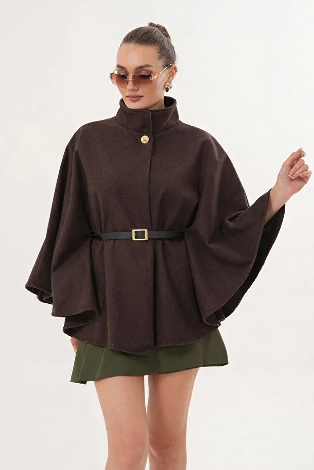 Kadın Kahverengi Gold Düğme ve Altın Kemer Detaylı Kaşe Panço