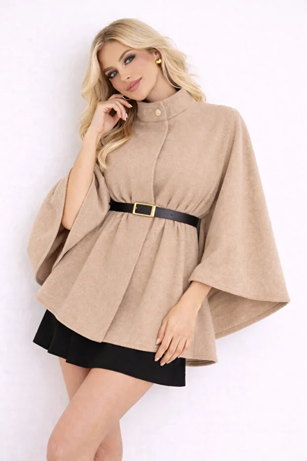 Zarif Kadın Kemerli Kışlık Kaşe Bej Panço