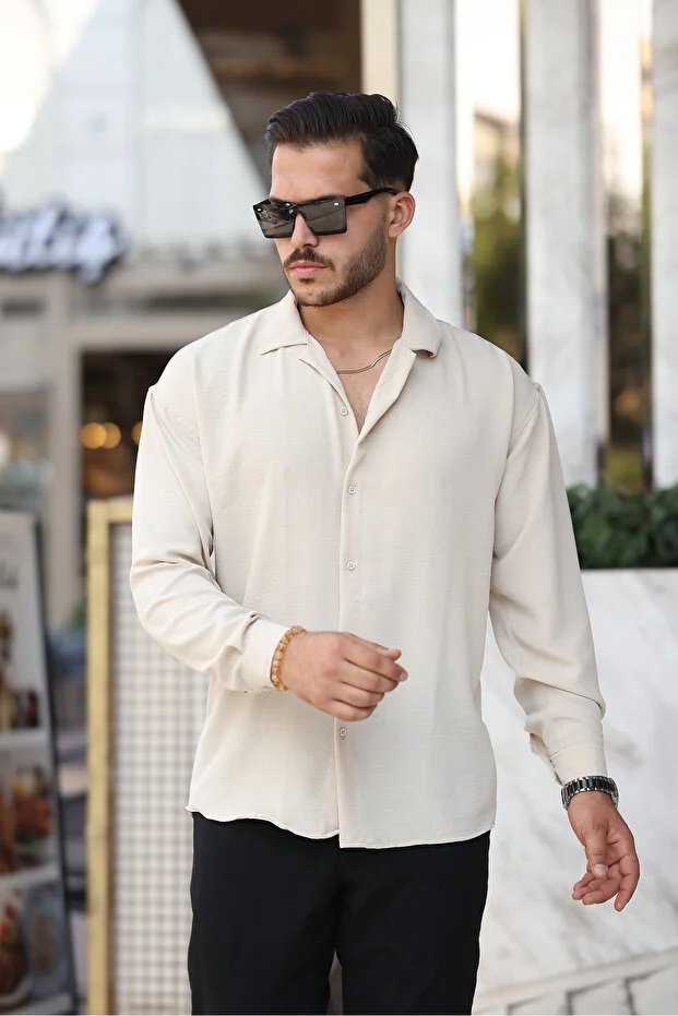 Erkek Bej Bol Kesim Dokulu Oversize Salaş Ayrobin Gömlek