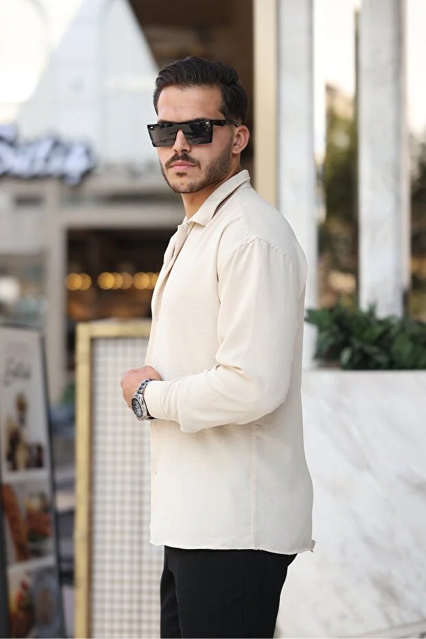 Erkek Bej Bol Kesim Dokulu Oversize Salaş Ayrobin Gömlek