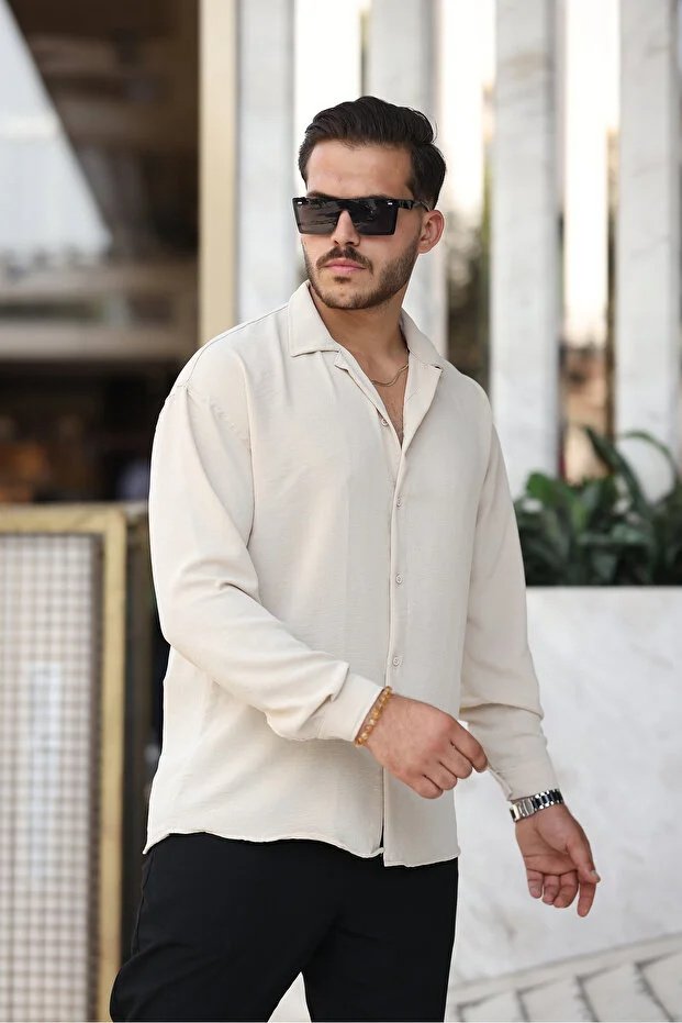 Erkek Bej Bol Kesim Dokulu Oversize Salaş Ayrobin Gömlek