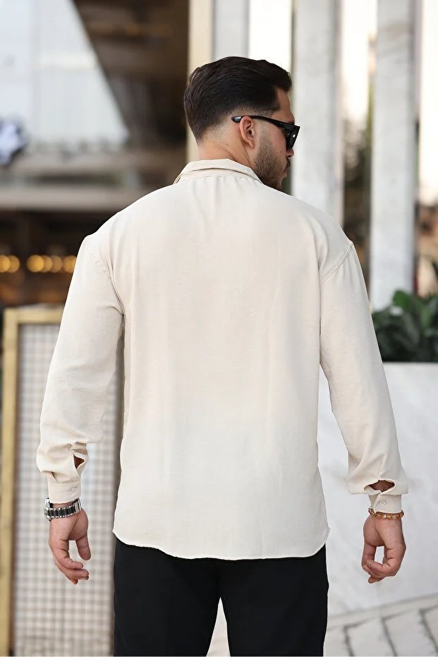 Erkek Bej Bol Kesim Dokulu Oversize Salaş Ayrobin Gömlek