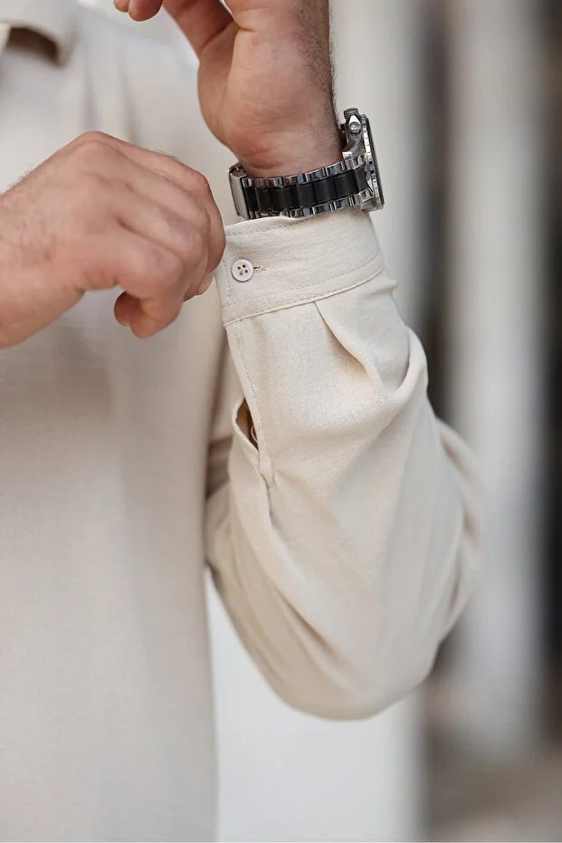 Erkek Bej Bol Kesim Dokulu Oversize Salaş Ayrobin Gömlek