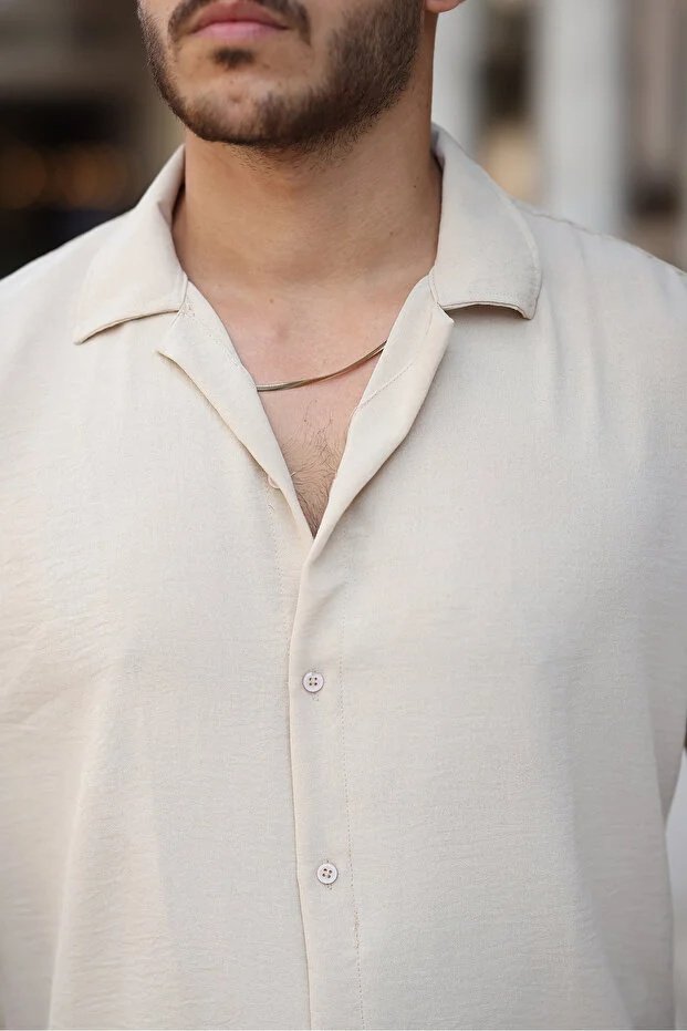 Erkek Bej Bol Kesim Dokulu Oversize Salaş Ayrobin Gömlek