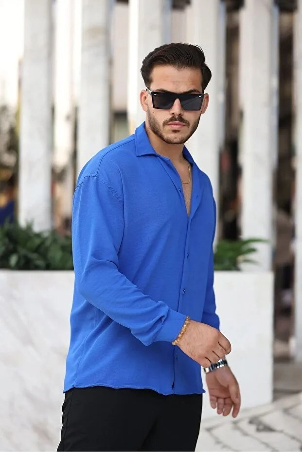 Erkek Saks Bol Kesim Dokulu Oversize Salaş Ayrobin Gömlek