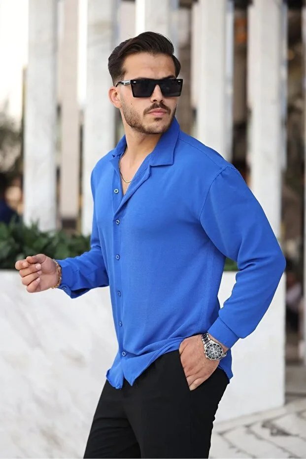 Erkek Saks Bol Kesim Dokulu Oversize Salaş Ayrobin Gömlek