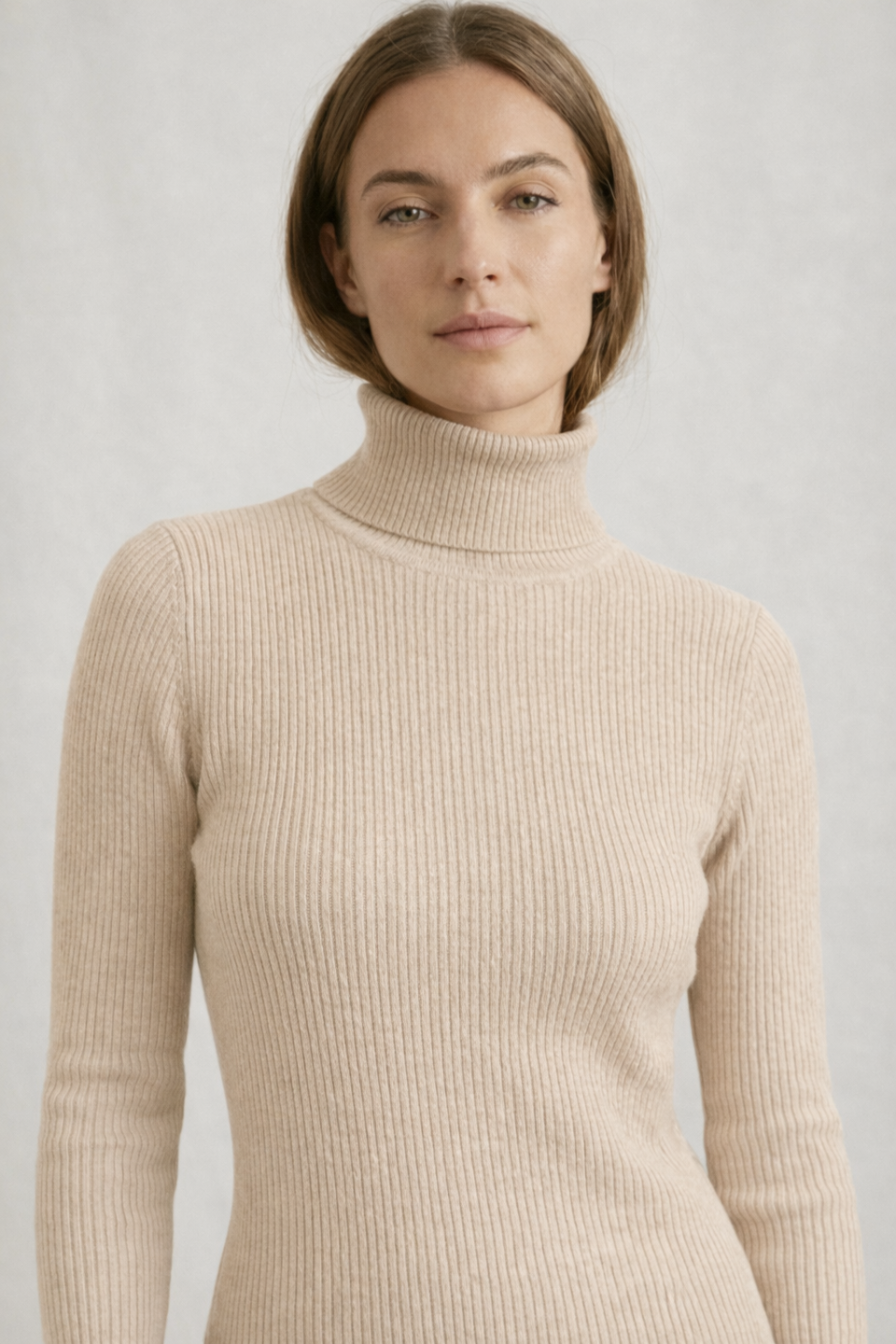 Kadın Bej Balıkçı Yaka Slim Fit Kaşkorse Kazak