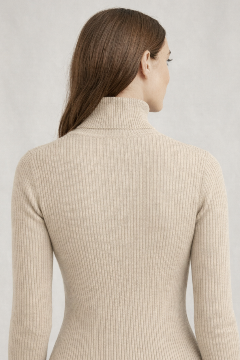 Kadın Bej Balıkçı Yaka Slim Fit Kaşkorse Kazak