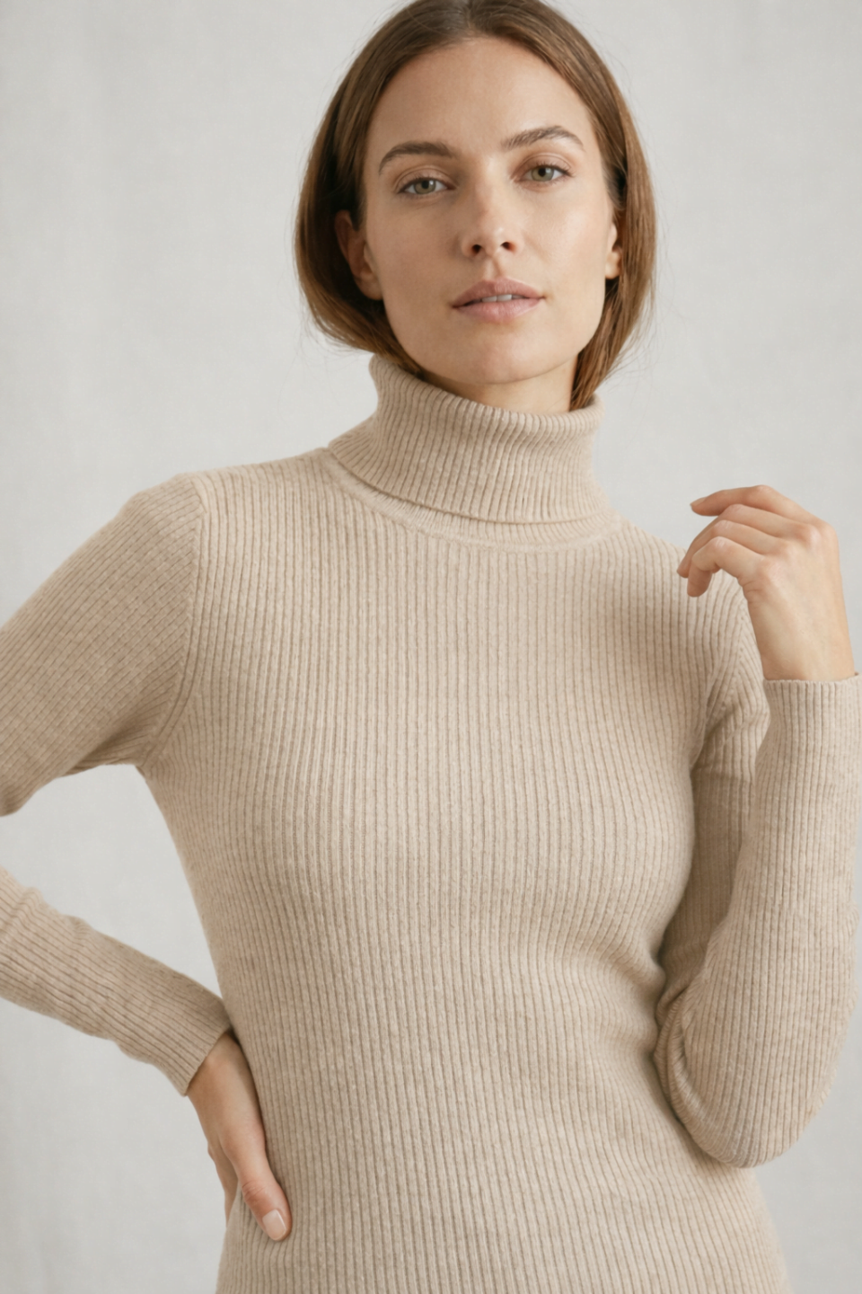 Kadın Bej Balıkçı Yaka Slim Fit Kaşkorse Kazak